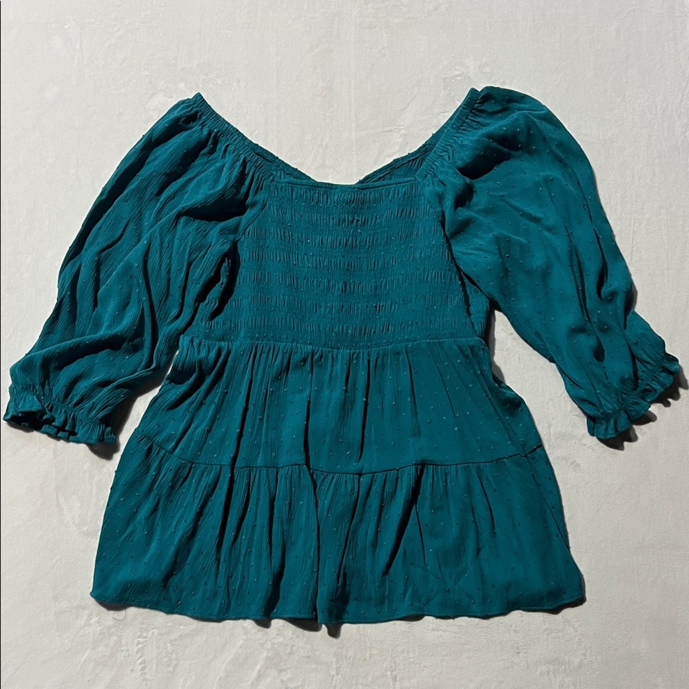 Torrid Crinkle Gauze Smocked 3/4 Blouson Tiered Top milkmaid babydoll ruffle - Picture 11 of 12